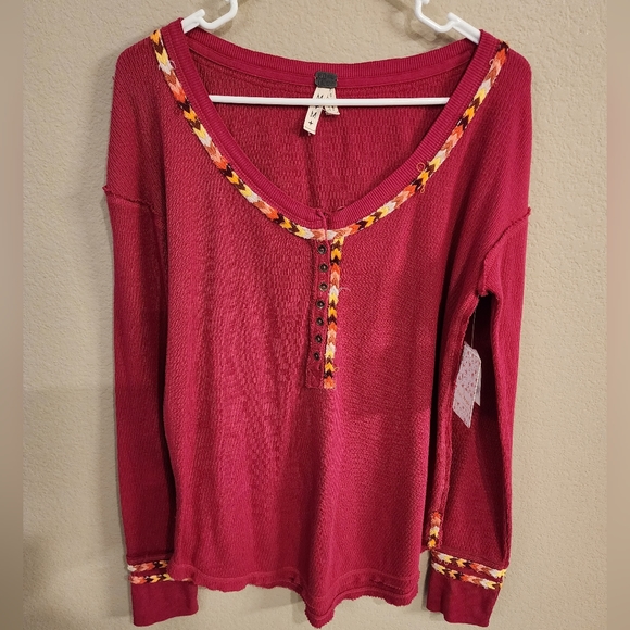 ! NWT We The Free,Free People L/S Mildly Distrd Pink Thermal w Mltclr Trim- SZM! - Picture 1 of 6